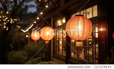 Traditional red lanterns hanging outside a Chinese building, softly lit at night. Lunar New Year 121324639