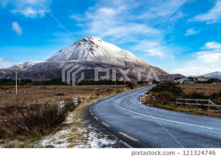 Aerial view of Mount Errigal in the winter, the highest mountain in Donegal - Ireland. Aerial view of Mount Errigal in the winter, the highest mountain in Donegal - Ireland. 121324746