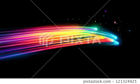 A straight line of rainbow-colored light with a sense of speed on a black background 121324925