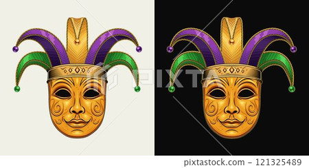Carnival golden venetian face mask with jester tomfool hat. Mardi gras themed detailed illustration in vintage style. Front view. Carnival golden venetian face mask with jester tomfool hat. Mardi gras themed detailed illustration in vintage style. Front view. 121325489