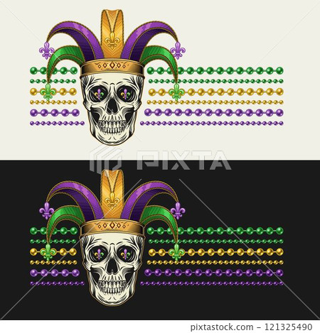 Horizontal striped Mardi Gras label with human skull in jester harlequin hat, fleur de lis symbol, strings of beads. For prints, clothing, t shirt design. Vintage style Horizontal striped Mardi Gras label with human skull in jester harlequin hat, fleur de lis symbol, strings of beads. For prints, clothing, t shirt design. Vintage style 121325490