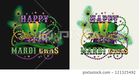 Mardi Gras emblem with tall top hat with belt, fleur de lis pins, bunch of colorful feathers, intertwined interlaced strings of beads, text. Holiday composition in vintage style. Mardi Gras emblem with tall top hat with belt, fleur de lis pins, bunch of colorful feathers, intertwined interlaced strings of beads, text. Holiday composition in vintage style. 121325492