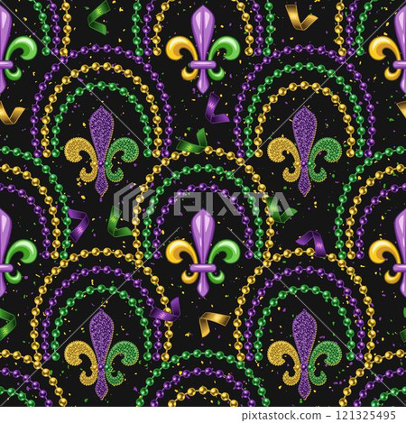Geometric beaded pattern with fleur de lis symbol, fan shaped ornament, scattered confetti. Decoration for Mardi Gras carnival. Vintage style illustration on black textured background 121325495
