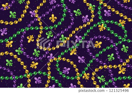 Seamless Mardi Gras pattern with randomly scattered Fleur de Lis sign, interlaced strings beads on dark speckled textured background. Wavy lines. Vintage style. Seamless Mardi Gras pattern with randomly scattered Fleur de Lis sign, interlaced strings beads on dark speckled textured background. Wavy lines. Vintage style. 121325496