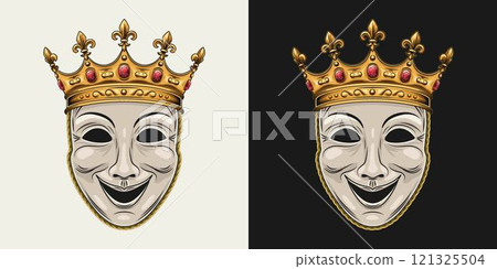 Theatrical comedy face mask with golden crown with red gemstones ruby, fleur de lis sign on points. Detailed illustration in vintage style. Front view. Theatrical comedy face mask with golden crown with red gemstones ruby, fleur de lis sign on points. Detailed illustration in vintage style. Front view. 121325504