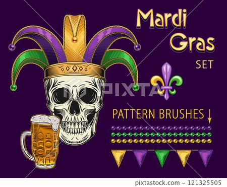 Pack of design elements for Mardi Gras holiday with human skull in jester harlequin hat, beer glass, bead strings, fleur de lis sign. Clip art in vintage style 121325505