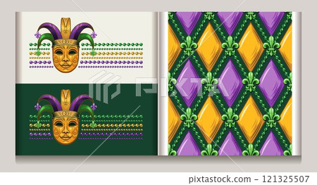 Geometric Mardi Gras rhombus harlequin pattern with green Fleur de lis symbol, strings of beads. Horizontal striped composition with carnival golden venetian face mask in jester hat, strings of beads 121325507