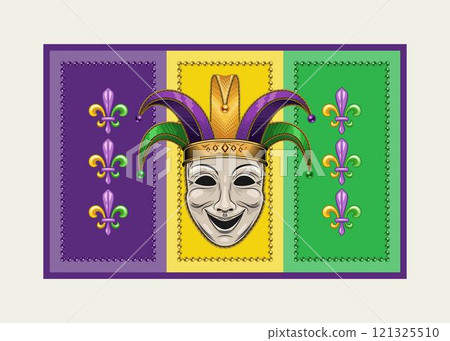 Rectangular Mardi Gras banner, flag with Fleur de Lis symbol, beads, jester face mask in harlequin hat. Traditional holiday colors. Vintage style 121325510