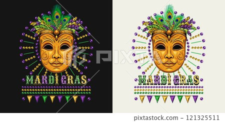 Mardi Gras themed label. Emblem with carnival golden venetian face mask with bundle of colorful feathers on top, beads, text. Vintage holiday composition. 121325511
