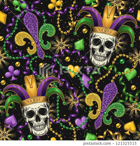 Seamless Mardi Gras pattern with human skull in jester hat, beads, streamer ribbons, card suits icons, trinket, Fleur de Lis sign. Randomly scattered objects. Festive holiday design. Vintage style Seamless Mardi Gras pattern with human skull in jester hat, beads, streamer ribbons, card suits icons, trinket, Fleur de Lis sign. Randomly scattered objects. Festive holiday design. Vintage style 121325515
