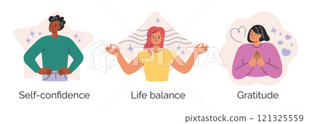 Vector illustration of three positive emotions, self confidence, life balance, and gratitude. Diverse characters with expressive gestures, well being, mindfulness, and positivity in flat cartoon style 121325559