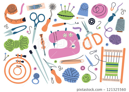 Vector illustration of colorful needlework set, sewing, knitting, and embroidery tools. Sewing machine, scissors, threads, needles, yarns, and other crafting items in flat cartoon style Vector illustration of colorful needlework set, sewing, knitting, and embroidery tools. Sewing machine, scissors, threads, needles, yarns, and other crafting items in flat cartoon style 121325560