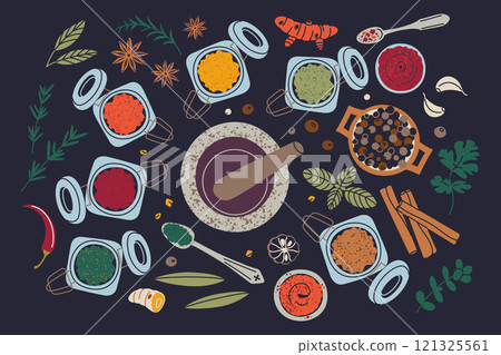 Vector illustration of colorful spices in glass jars with mortar and pestle, poster or banner with herbs and condiments on dark background. Flat design, cartoon style, perfect for cooking themes Vector illustration of colorful spices in glass jars with mortar and pestle, poster or banner with herbs and condiments on dark background. Flat design, cartoon style, perfect for cooking themes 121325561