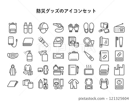 一組簡單的線條畫防災商品圖示。 121325604
