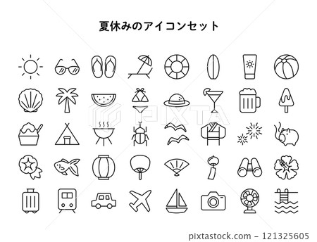 Simple line drawing summer vacation related icon set 121325605