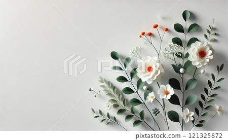 A clean white background with white flowers and orange accents 121325872