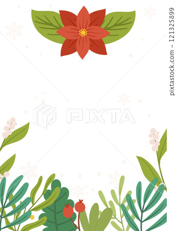 Festive Poster template featuring a red poinsettia flower, greenery, berries, and snowflakes on a white background with blank space. 121325899