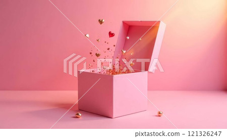 pink open gift box surrounded festive ornaments, representing the excitement and magic of holiday surprises. Minimal pink background for Mother's day and Valentine's Day 121326247