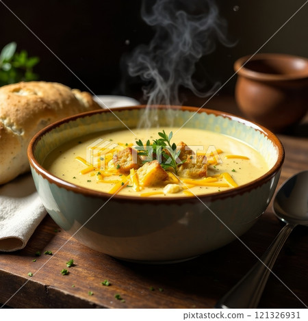 Creamy soup with fresh herbs and bread served on a rustic wooden table in a cozy setting 121326931