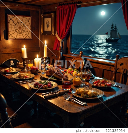 Dining in a pirate ship cabin, full moon lighting the sea and a distant sailing ship Dining in a pirate ship cabin, full moon lighting the sea and a distant sailing ship 121326934