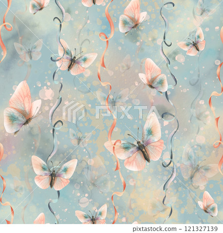 Writhing satin ribbons with flying butterflies in trendy pastel colors peach fuzz and turquoise in a vintage style. Hand drawn watercolor illustration. Seamless pattern on a white background Writhing satin ribbons with flying butterflies in trendy pastel colors peach fuzz and turquoise in a vintage style. Hand drawn watercolor illustration. Seamless pattern on a white background 121327139