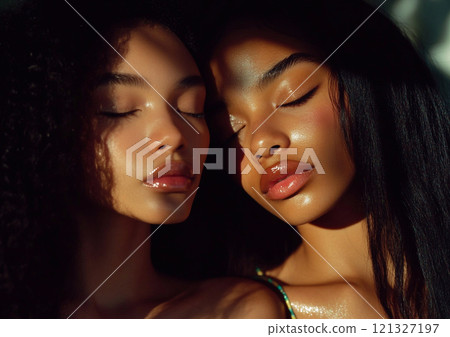 Beauty fashion shot of two afro american beautiful woman model with long black hair standing next to each other.Macro.AI Generative. Beauty fashion shot of two afro american beautiful woman model with long black hair standing next to each other.Macro.AI Generative. 121327197