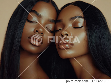 Beauty fashion shot of two afro american beautiful woman model with long black hair standing next to each other.Macro.AI Generative. Beauty fashion shot of two afro american beautiful woman model with long black hair standing next to each other.Macro.AI Generative. 121327198