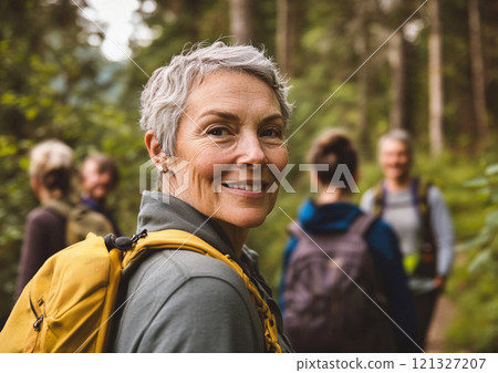 Active happy older senior woman in full gear on hiking trip with her friends.Macro.AI Generative. 121327207