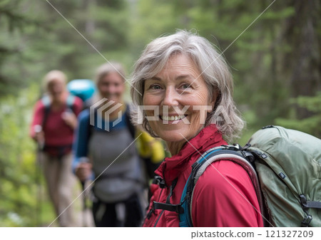 Active happy older senior woman in full gear on hiking trip with her friends.Macro.AI Generative. 121327209
