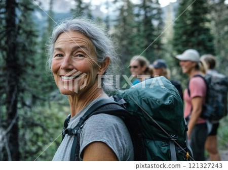 Active happy older senior woman in full gear on hiking trip with her friends.Macro.AI Generative. 121327243