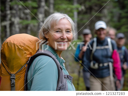Active happy older senior woman in full gear on hiking trip with her friends.Macro.AI Generative. 121327283