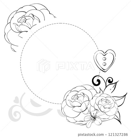 Romantic roses Circle frame, template -beautiful flowers. Retro old fashion, tailoring for postcard, fabric, printing. Graphic vector line, hand drawn, black silhouette Romantic roses Circle frame, template -beautiful flowers. Retro old fashion, tailoring for postcard, fabric, printing. Graphic vector line, hand drawn, black silhouette 121327286