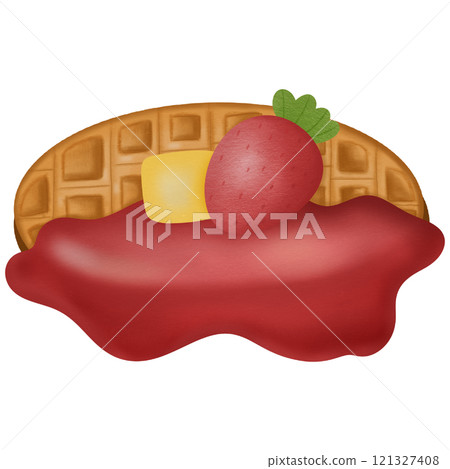 Waffles with strawberry sauce, decorated with butter and strawberries hand drawn transparency illustration 121327408