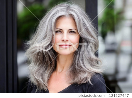 Happy beautiful mature woman with long gray hair and natural soft skin and wrinkles.AI Generative. 121327447