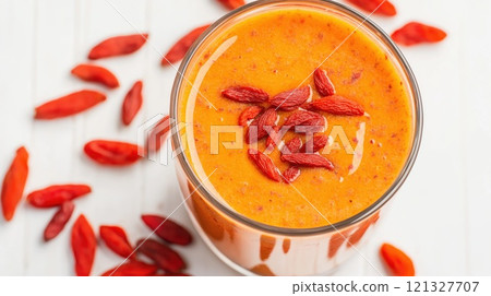 Bright orange smoothie topped with goji berries 121327707
