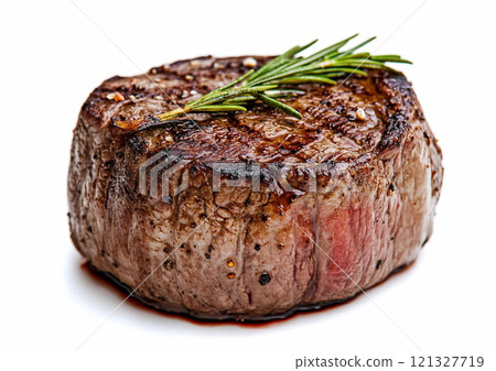 Juicy beef sirloin fillet steak with salt and pepper on white background.Macro.AI Generative. Juicy beef sirloin fillet steak with salt and pepper on white background.Macro.AI Generative. 121327719