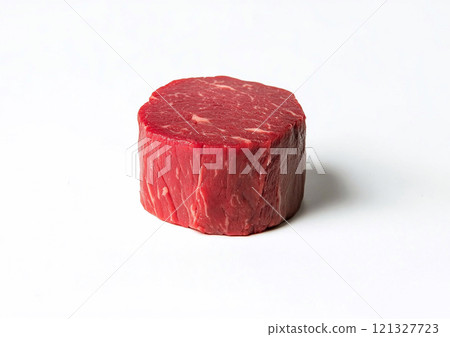 Slice of fresh raw beef red meat fillet on white background.Macro.AI Generative. Slice of fresh raw beef red meat fillet on white background.Macro.AI Generative. 121327723