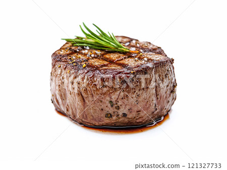 Juicy beef sirloin fillet steak with salt and pepper on white background.Macro.AI Generative. Juicy beef sirloin fillet steak with salt and pepper on white background.Macro.AI Generative. 121327733