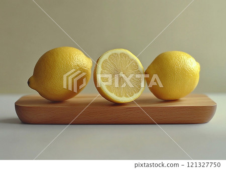 Fresh ripe raw lemon with half and slices on on kitchen table background.Macro.AI Generative. 121327750