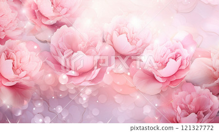 Pink background with peonies. Wallpaper for Valentin day with flowers. Holiday background for design 121327772