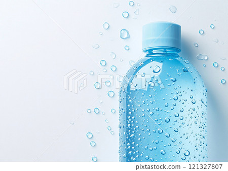 Still watter in plastick bottle with dew and drops on wet background.Top view.AI Generative. 121327807