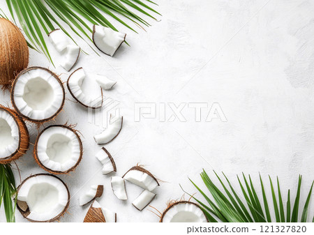 Whole coconut and slices with half and palm leaves on white kitchen table background.Top view.AI Generative. 121327820