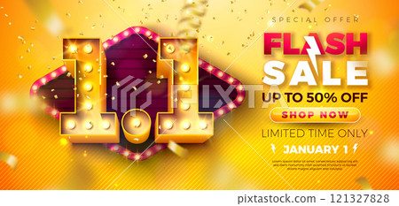 1 January Shopping Day Flash Sale Design with 3d 1.1 Light Bulb Billboard Number and Falling Confetti on Yellow Background. Vector Special Offer 50 Percent Off Campaign Discount Illustration for 1 January Shopping Day Flash Sale Design with 3d 1.1 Light Bulb Billboard Number and Falling Confetti on Yellow Background. Vector Special Offer 50 Percent Off Campaign Discount Illustration for 121327828