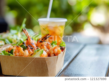 Healthy fresh organic food with drink in paper container for healthy lunch or snack.AI Generative. Healthy fresh organic food with drink in paper container for healthy lunch or snack.AI Generative. 121327890