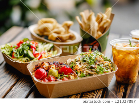 Healthy fresh organic food with drink in paper container for healthy lunch or snack.AI Generative. Healthy fresh organic food with drink in paper container for healthy lunch or snack.AI Generative. 121327897