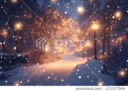 Snow falling on christmas path at night with glowing street lights Snow falling on christmas path at night with glowing street lights 121327946