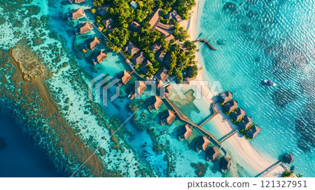 Luxury resort surrounded by turquoise water in tropical lagoon Luxury resort surrounded by turquoise water in tropical lagoon 121327951