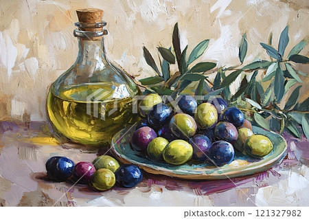 Still life painting of olives and olive oil with olive branch 121327982