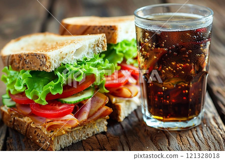 Classic cheese and ham sandwich with tomato and salad with glass of cola soda.Macro.AI Generative. 121328018