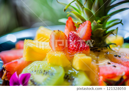 Ripe fresh exotic and tropical combo on plate in luxury resort restaurant.Macro.AI Generative. Ripe fresh exotic and tropical combo on plate in luxury resort restaurant.Macro.AI Generative. 121328050